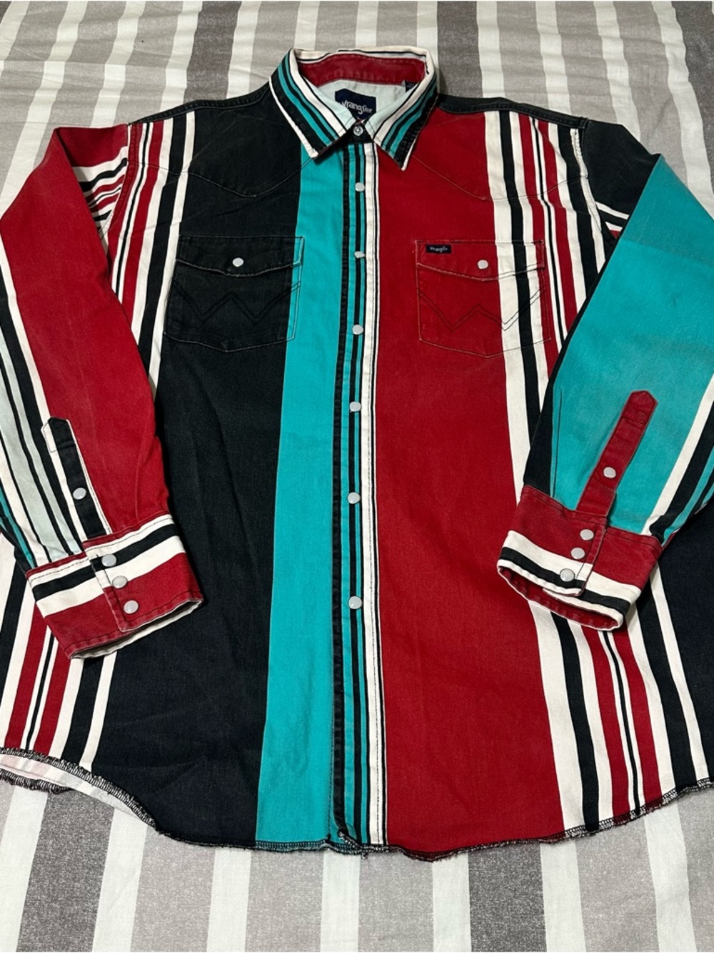 RARE Wrangler Pearl Snap Brushpopper Shirt XL BLACK TEAL WHITE RED STRIPE Vtg